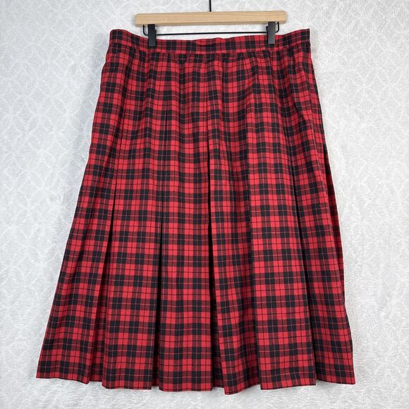 Vtg Worsted Wool Skirt 22W Red Black Plaid Pleats Academia Preppy Old Money Kilt - Picture 1 of 13